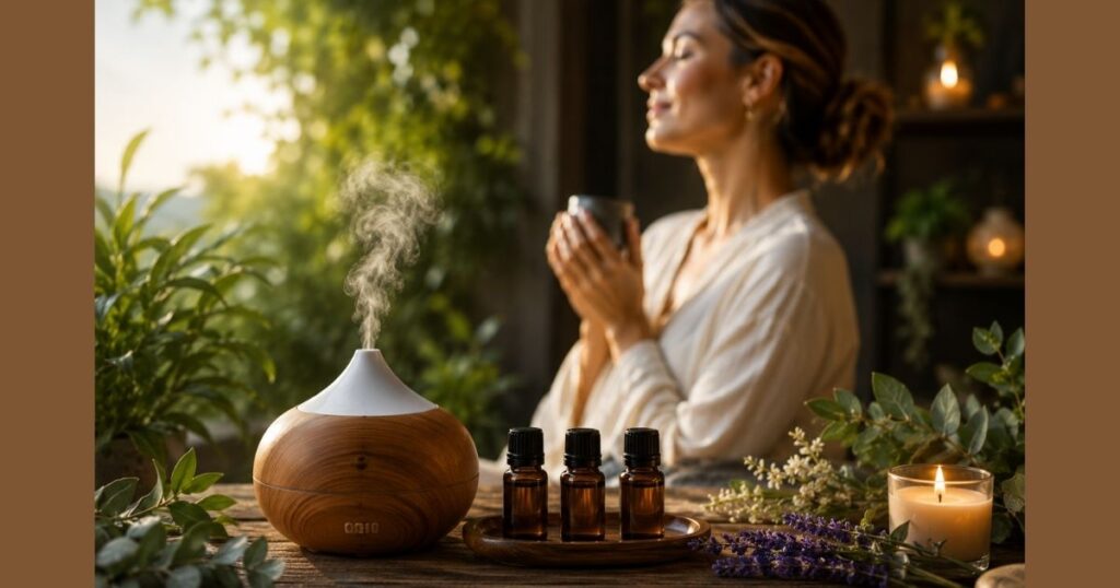 Mulher-em-estado-de-presença-e-bem-estar-com-difusor-aromático-ativo-óleos-essenciais-e-lavanda-aromaterapia-terapêutica-natural