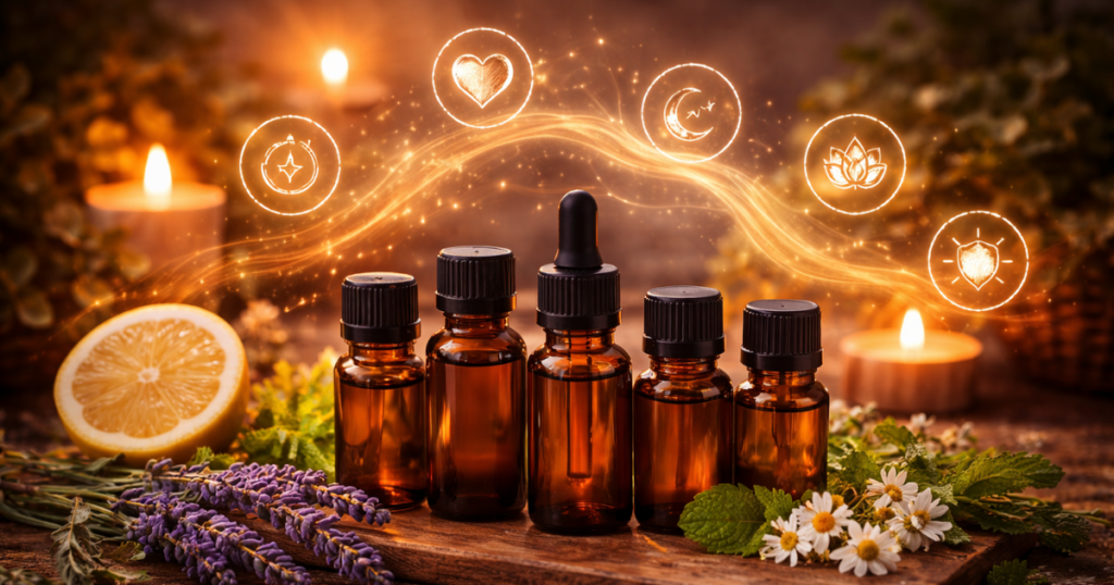 **Benefícios-dos-óleos-essenciais-cinco-frascos-âmbar-com-ícones-de-saúde-emocional-sono-espiritualidade-e-proteção-aromaterapia**