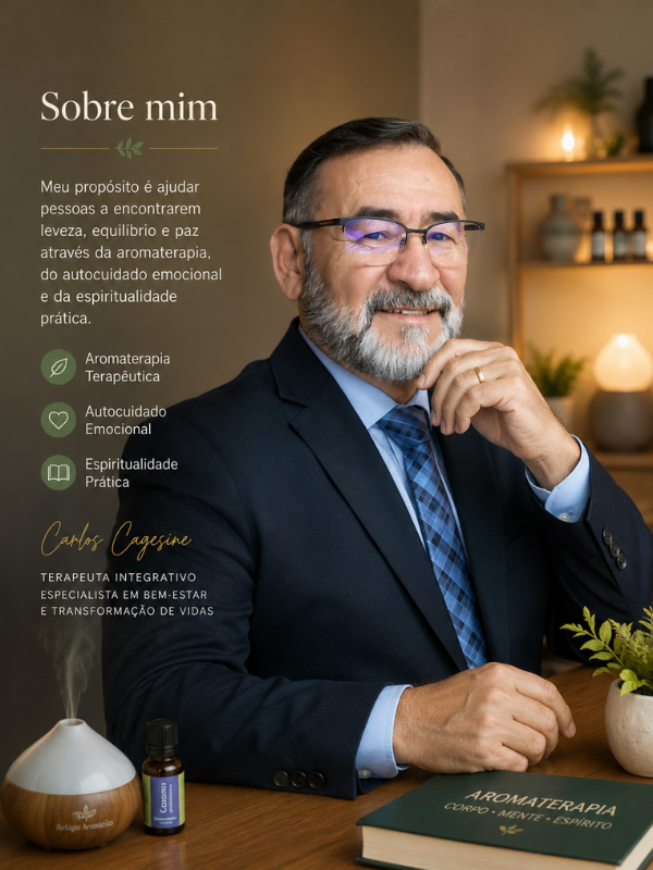 **Carlos-Cagesine-terapeuta-integrativo-especialista-em-bem-estar-sentado-à-mesa-com-difusor-de-aromas-e-frasco-de-óleo-essencial-em-ambiente-aconchegante-com-prateleira-de-óleos-ao-fundo**