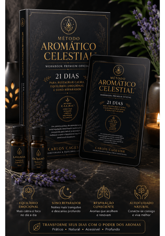 Mockup-do-Workbook-Premium-Método-Aromático-Celestial-de-Carlos-Cagesine-livro-físico-e-tablet-exibindo-o-programa-de-21-dias-com-framework-C.A.L.M.A.-frascos-de-lavanda-e-olíbano-vela-acesa-e-lavanda-ao-fundo-em-composição-premium-escura