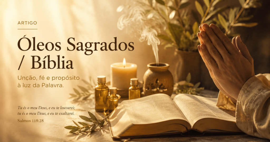 **Bíblia-aberta-sobre-mesa-com-mãos-em-oração-frascos-dourados-de-óleos-essenciais-vela-acesa-incensário-com-fumaça-suave-e-ramos-de-oliveira-em-composição-de-luz-quente-dourada-com-versículo-de-Salmos-118:28**