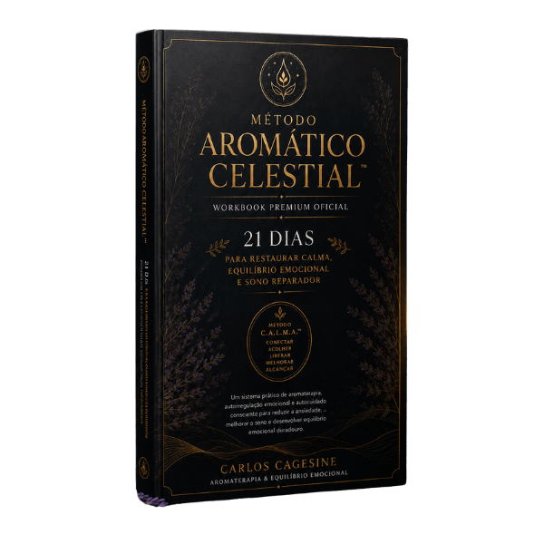 Mockup-3D-do-Workbook-Premium-Oficial-Método-Aromático-Celestial-de-Carlos-Cagesine-capa-preta-com-título-dourado-programa-de-21-dias-framework-C.A.L.M.A.-e-plantas-botânicas-douradas-sobre-fundo-branco
